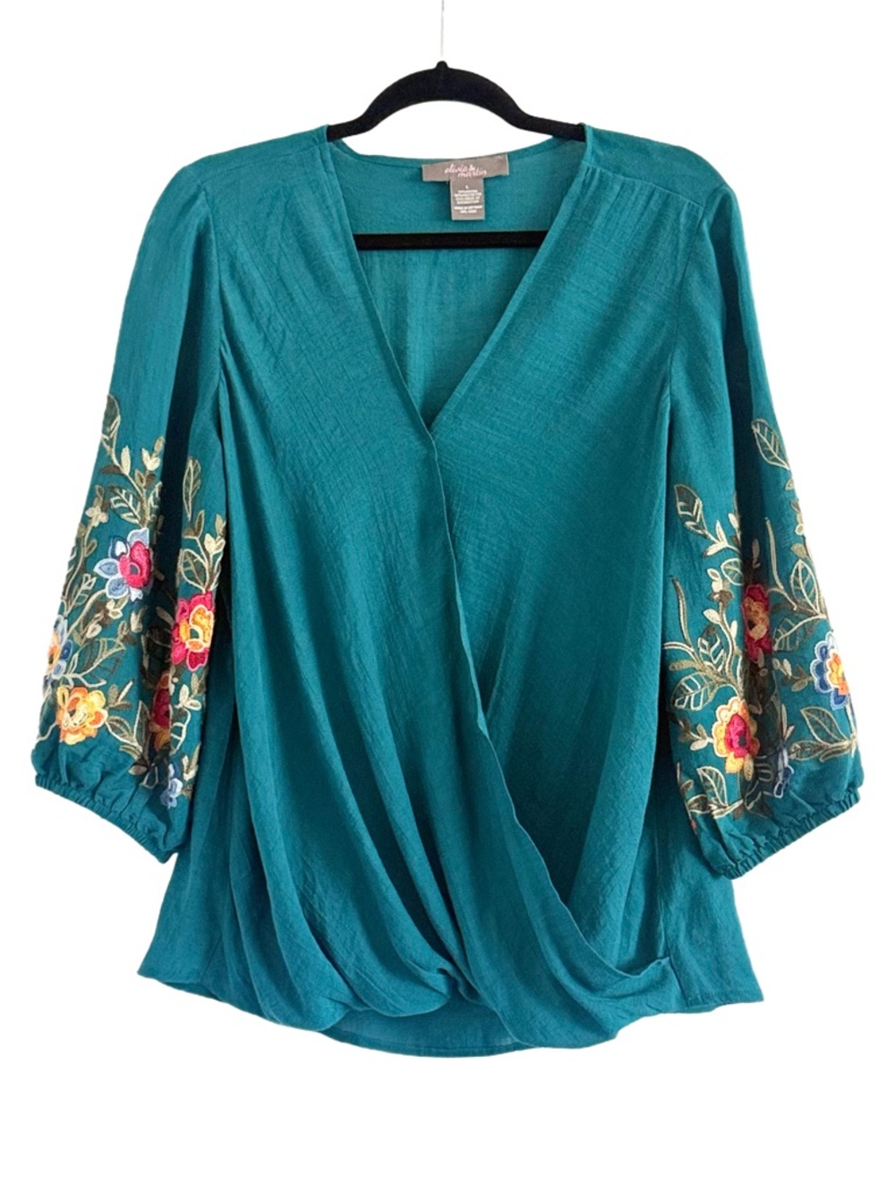 Olivia & Martin Embroidered Teal Wrap-Front Blouse Large